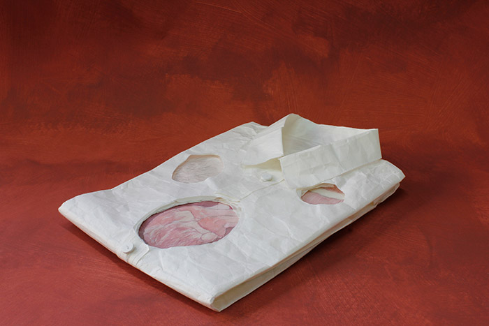 Shirt made from 34gsm Zairei Japanese paper, white paper buttons, white thread and glue. 22 x 33 x 2 cm