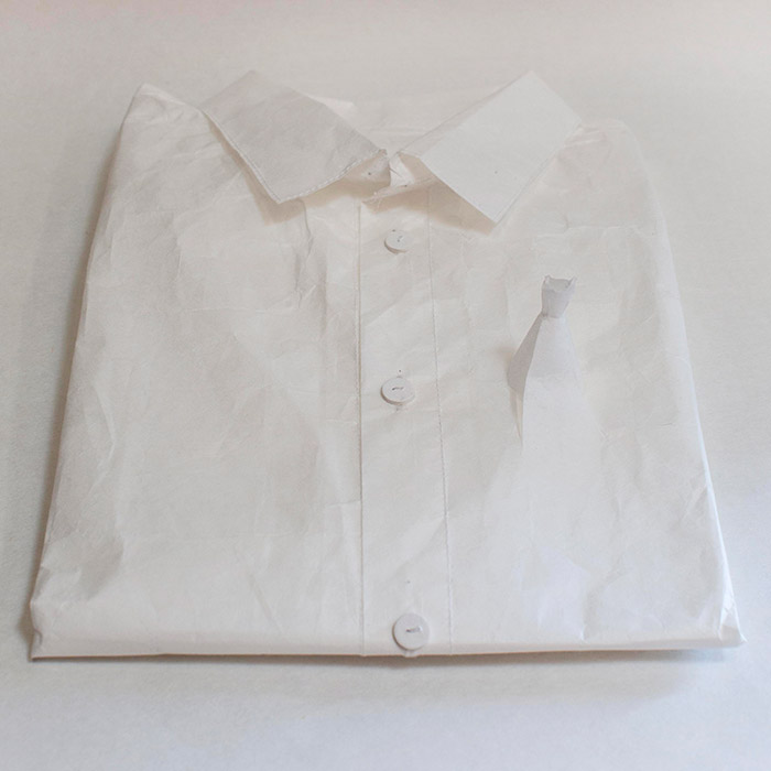 Shirt made from 34gsm Zairei Japanese paper, white paper buttons, white thread and glue. 22 x 33 x 6 cm