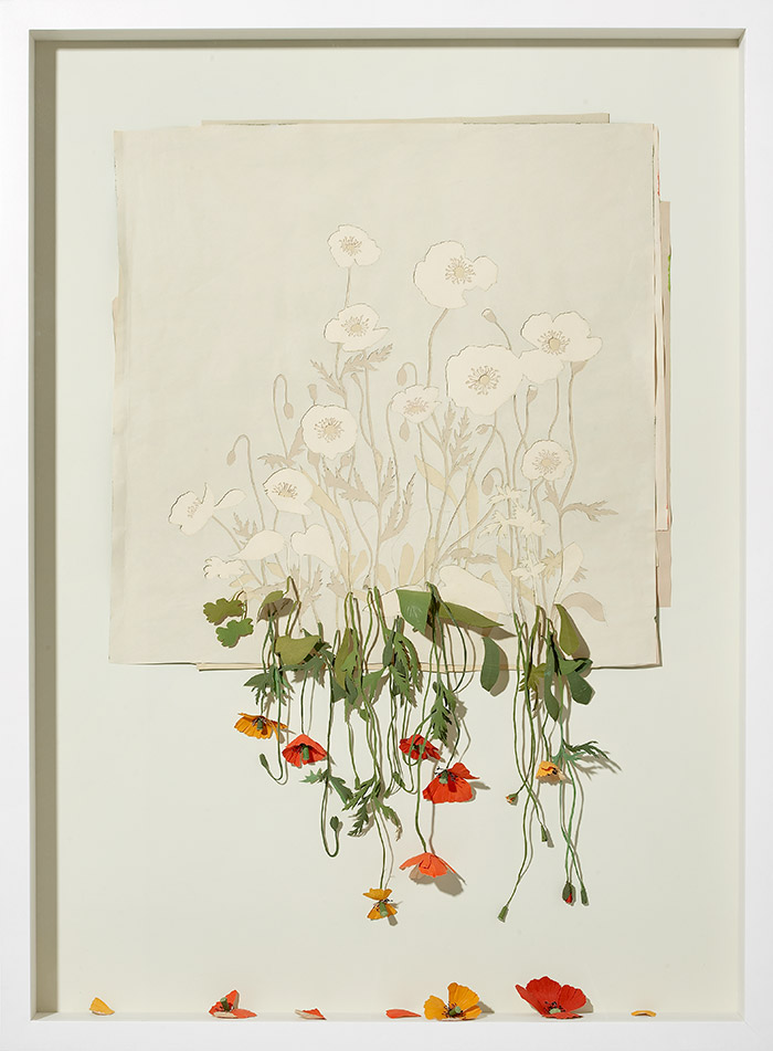 Acid Free paper, glue, acrylic paint, and oak frame.<br>
127 x 94 x 11,5 cm.
