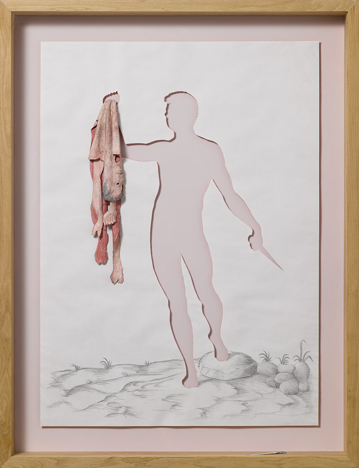 Water colour and pencil on 120 gsm acid free paper, glue, and oak frame.<br>
139 x 107 x 13 cm.