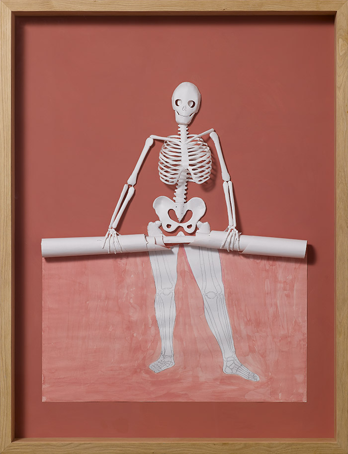 Water colour and pencil on 120 gsm acid free paper, glue, and oak frame.<br>
139 x 107 x 13 cm.