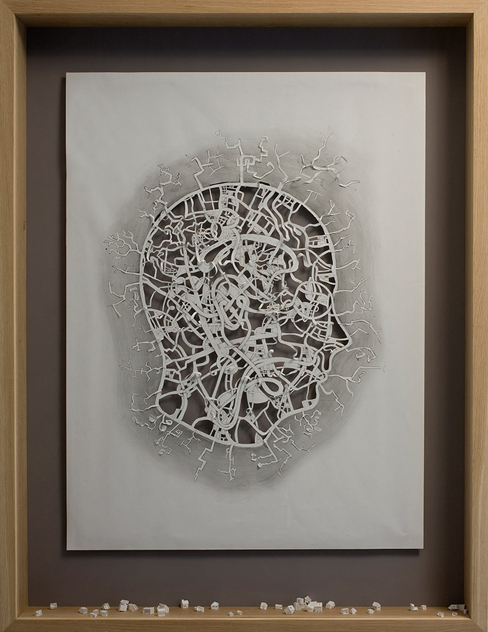 Acrylic paint, on 120 gsm acid free paper, pencil and oak frame.<br>
139 x 106 x 13 cm.