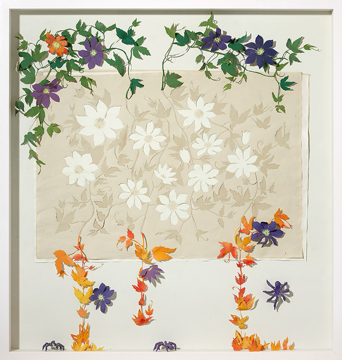 Acid Free paper, glue, acrylic paint in painted oak frame.<br>
134 x 127 x 11,5 cm.