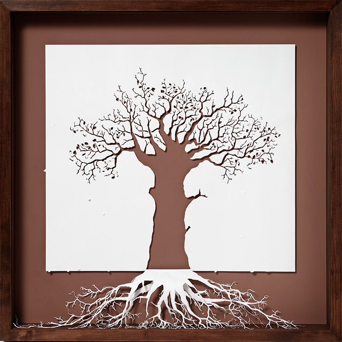 Acid-free 120 gsm paper, glue, acrylic paint and wooden frame.<br>
107 x 107 x 13 cm