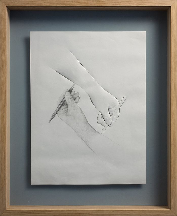 Acrylic paint on115 gsm acid free paper, pencil and oak frame.<br>
67,5 x 55 x 7 cm.