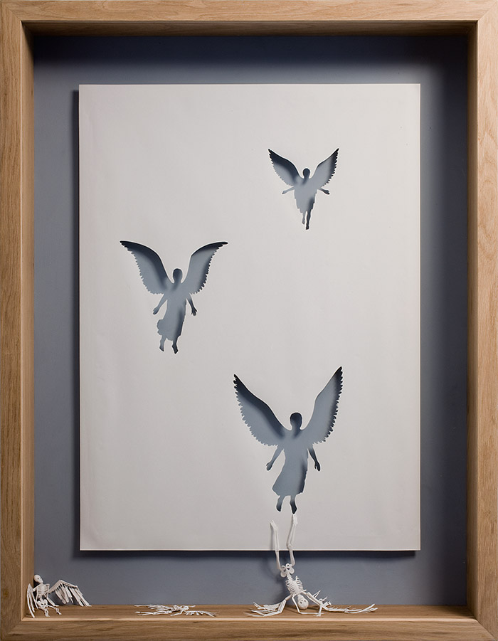 Acid Free paper, glue, acrylic paint, and oak frame.<br>
127 x 94 x 11,5 cm.